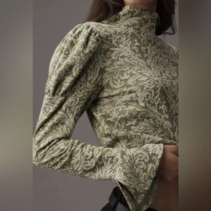 NWT Anthropologie Green Puff Sleeve Turtleneck jacquard Top Sz Small